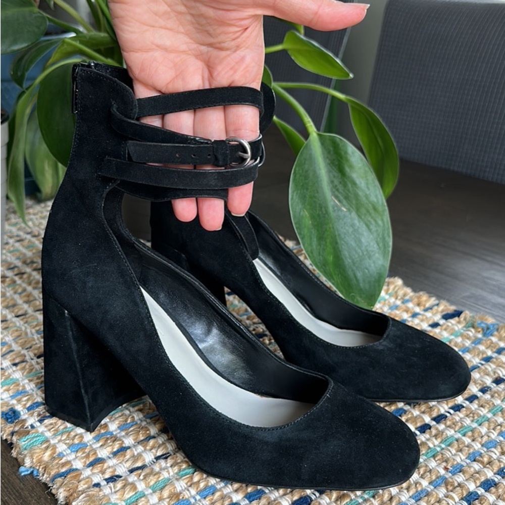1.state black woman strappy chunky heel suede shoes size 8